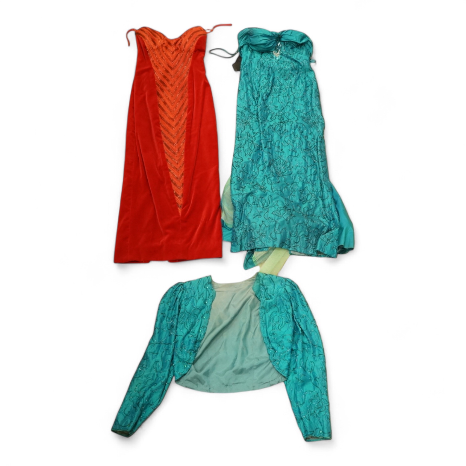 A 1960's/70's evening dress and jacket, with a red velvet dress